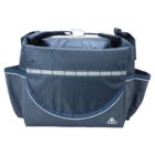 A blue and gray messenger bag with multiple pockets and a shoulder strap. The bag features a reflective strip on the flap and a logo in the bottom right corner.