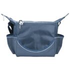 A blue messenger bag with a zippered top and two side pockets. The front has a curved flap with a subtle reflective trim. The material appears durable, suitable for everyday use or travel.
