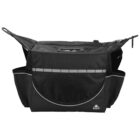 A black messenger bag with multiple compartments and reflective accents, featuring a top handle and side pockets. The front flap has a subtle logo on the bottom corner.