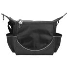 A black stroller organizer bag with multiple compartments. It features a large central pocket with a zipper closure, two side pockets, and adjustable straps on both sides for attaching to a stroller.
