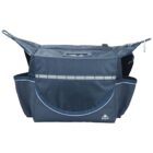 A blue and dark grey messenger bag with multiple compartments. It has a zippered top opening, two side pockets, and a front pocket with a flap. The bag features a subtle horizontal reflective strip and a small white logo at the bottom right.
