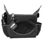 Black messenger bag with a front flap, zippered pockets, and adjustable straps. A branded keychain hangs from a zipper. A water bottle is secured in the side pocket.