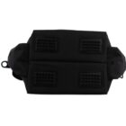 Black rectangular bag with two textured black patches on one side and rounded corners. The bag has multiple compartments and loops on the sides, giving it a functional, modern look.
