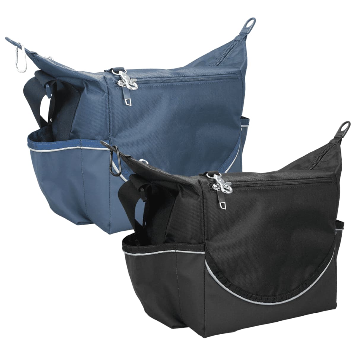 Two handbags are shown, one blue and one black. Each bag has a large zippered compartment, small front pocket, and side bottle holders. They are equipped with shoulder straps and small loops for hanging or attaching items.