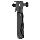 A multifunctional black tool with a hammer head, nail remover, and hex wrench. It includes multiple foldable tools in the handle, such as screwdrivers and a knife blade. Made of stainless steel, featuring ergonomic grip and compact design.