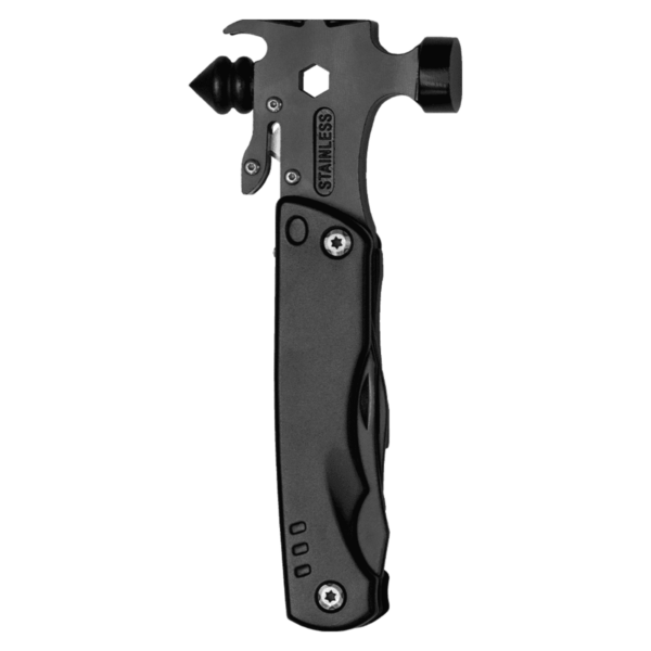 A multifunctional black tool with a hammer head, nail remover, and hex wrench. It includes multiple foldable tools in the handle, such as screwdrivers and a knife blade. Made of stainless steel, featuring ergonomic grip and compact design.