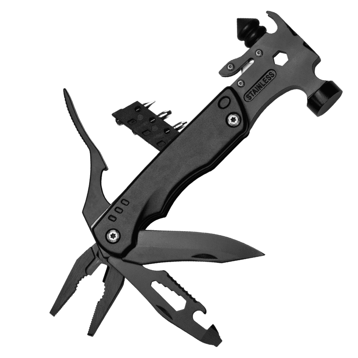 A black multi-tool featuring a hammer, pliers, and various folded tools like screwdrivers and knives. The tool has a rugged design and the word STAINLESS is engraved on the side.