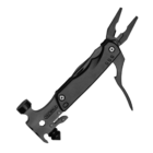 Black multi-tool featuring pliers, a hammerhead, and various other integrated tools, with a sleek design and compact form.