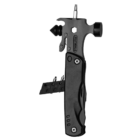 A black stainless steel multitool featuring a hammerhead, screwdrivers, hex wrench, and bottle opener. The handle is textured for grip and contains additional accessories.