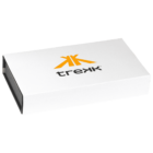 A rectangular white box with the word trek printed on it in black lowercase letters, and a stylized orange logo above the text.