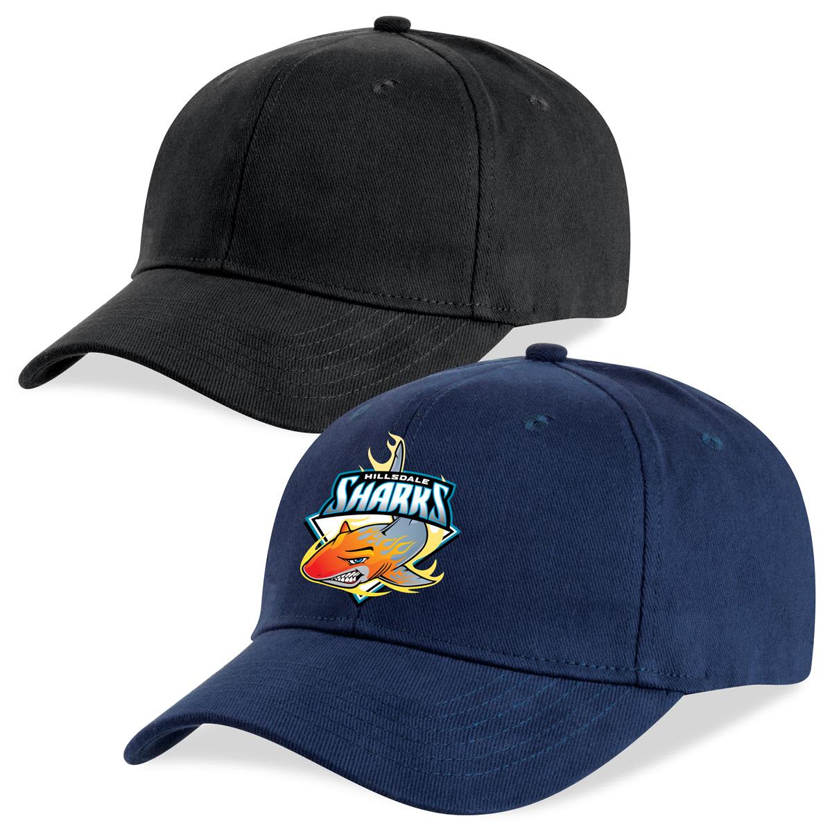 Two baseball caps, one plain black and one navy blue with a colorful Sharks logo on the front.