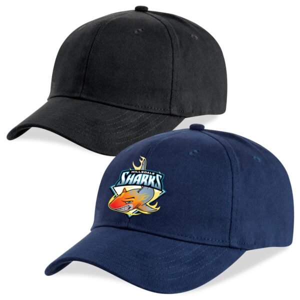 A plain black cap and a navy cap with a cartoon shark logo and SHARKS text.