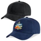 A plain black cap and a navy cap with a colorful Sharks logo on the front.