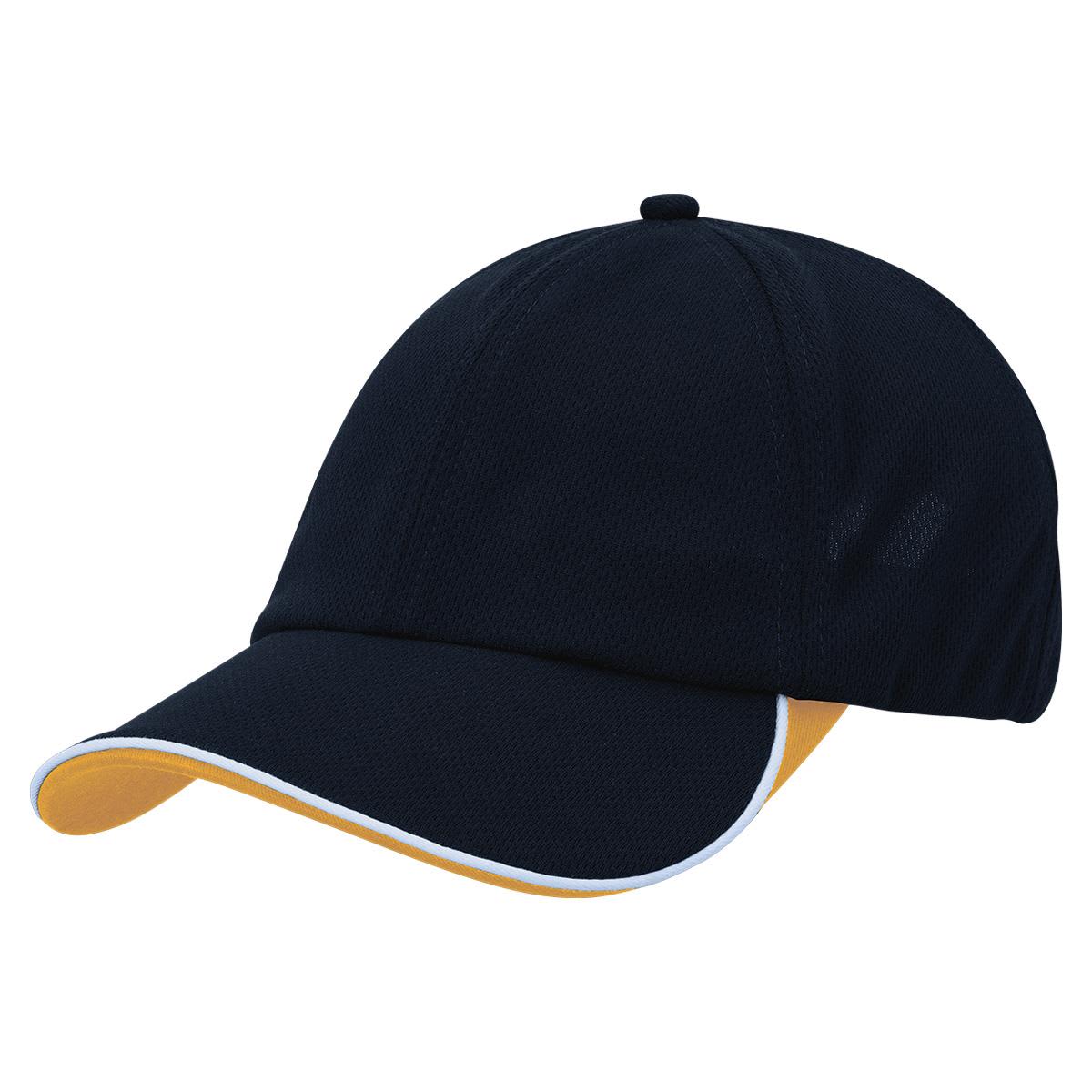 A black baseball cap with a yellow underside and white trim on the brim.