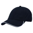 A black baseball cap with a curved brim and white trim.