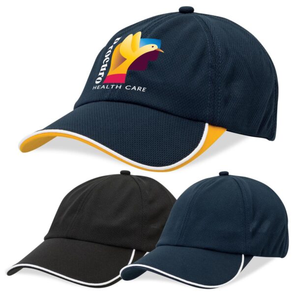 Three baseball caps, two navy and one black, with colored accents and a bird logo on one.
