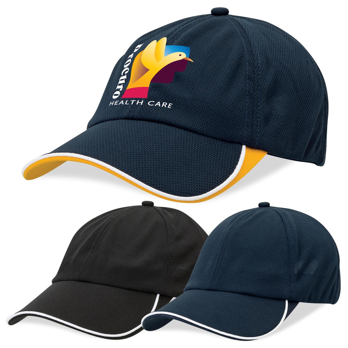 4167_-_image_12 Three baseball caps, two navy and one black, with colored accents and a bird logo on one.