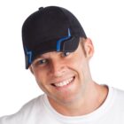 Man smiling, wearing a black baseball cap with blue accents and a white shirt.