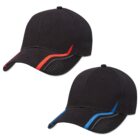 Two black baseball caps with curved red and blue stripe designs on the brim and side.
