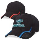 Two black baseball caps with curved bills, colored stripes, and a Viking lacrosse logo on front.