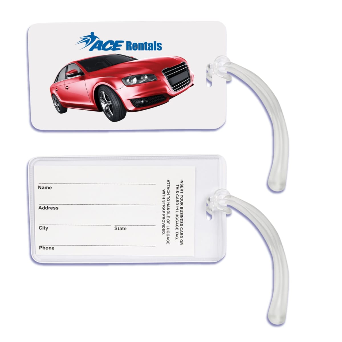 Two luggage tags with a red car image and contact information fields.