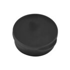 Round black plastic lid on a plain white background.