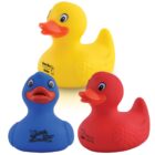 Yellow, blue, and red rubber ducks with company logos on them.