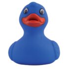 Blue rubber duck with orange beak and wide eyes.