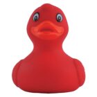A bright red rubber duck with wide eyes and an open beak.
