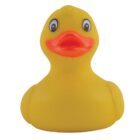 A yellow rubber duck with an orange beak and large eyes on a white background.