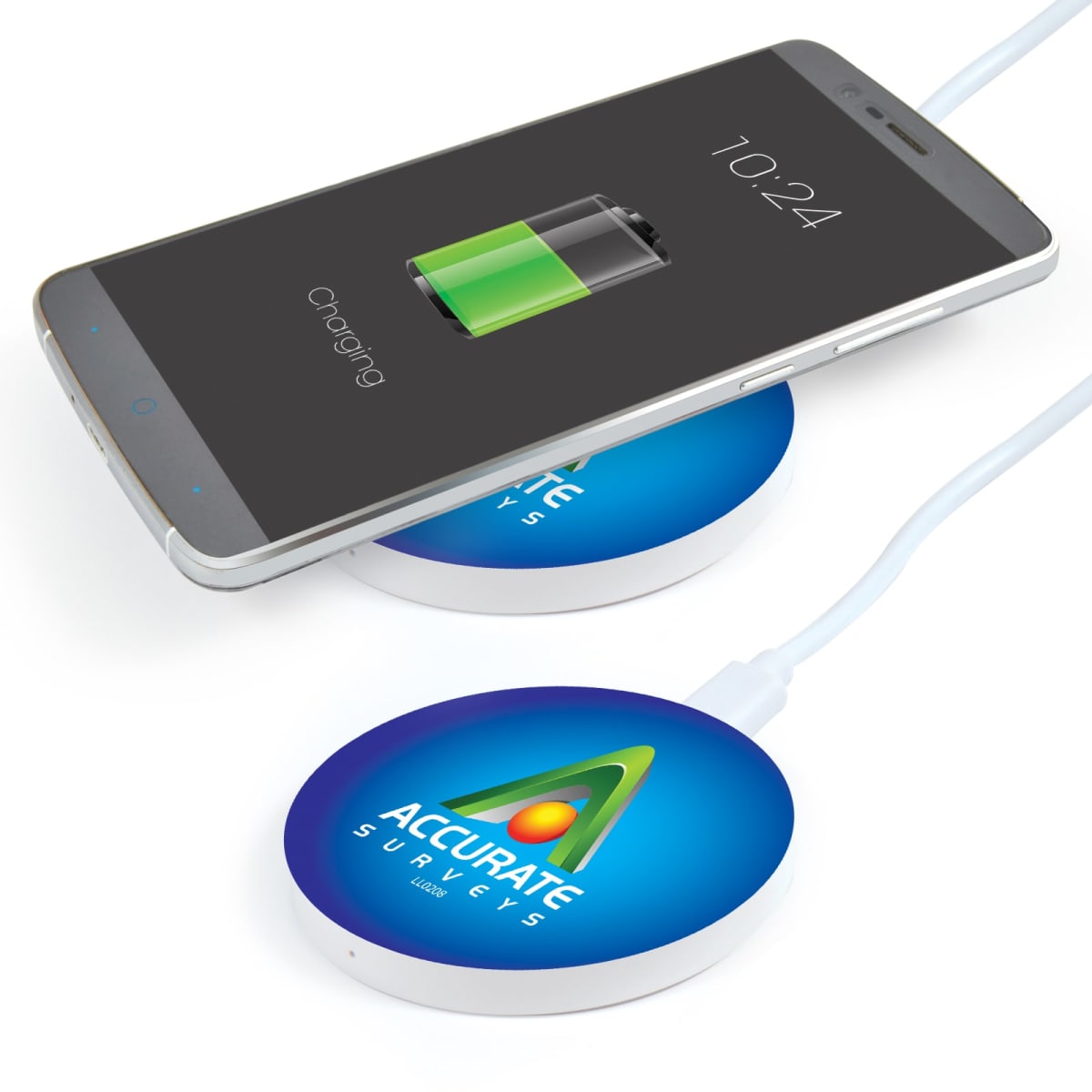 Smartphone charging wirelessly on a branded charging pad.