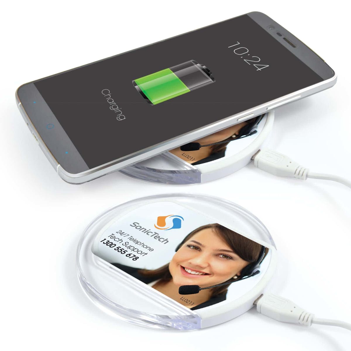 Wireless charger with a phone charging and a customer service image.