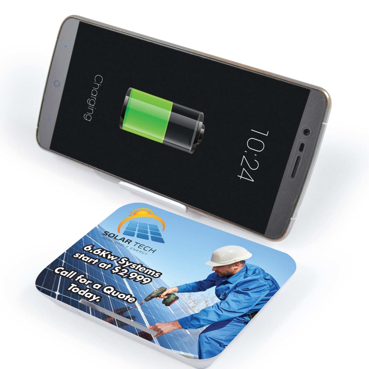 Phone charging on wireless pad with solar tech advertisement.