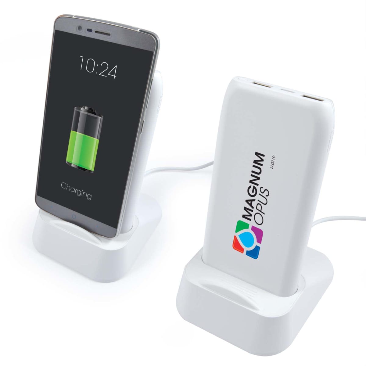 Smartphone on wireless charging stand next to branded power bank on a stand.