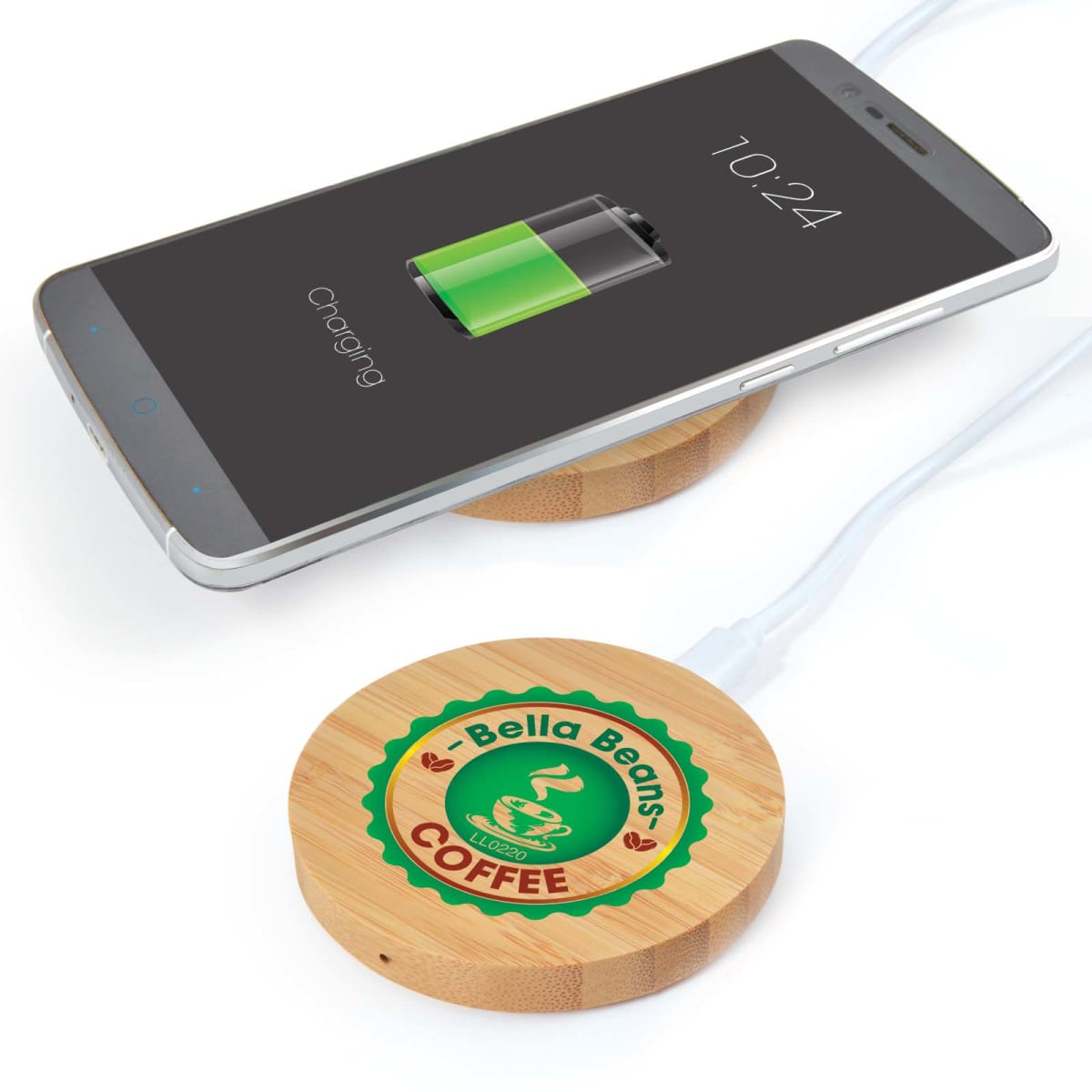 Smartphone charging on a bamboo wireless charger with Bella Beans Coffee logo.