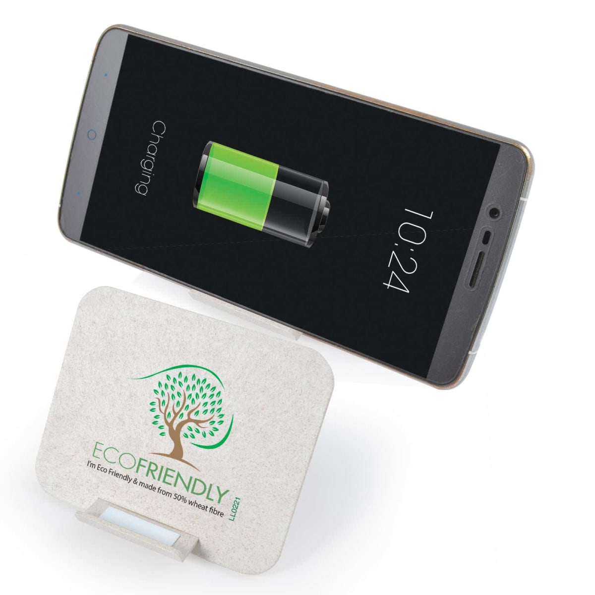 Phone charging on eco-friendly wireless pad.