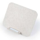 Beige rectangular felt desk partition with a small white base stand.