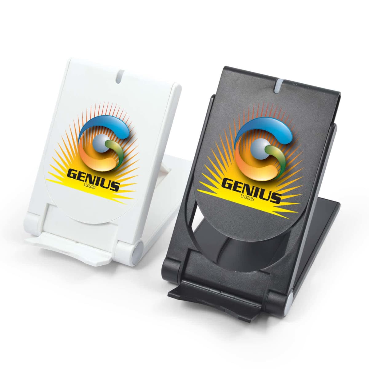Two phone stands, one white and one black, both with a colorful Genius logo.