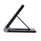 Foldable black tablet stand in a triangular position against a white background.