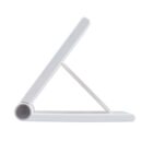 White foldable tablet stand in a side view, forming a triangular shape.