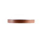 Circular wooden shelf against a white background.