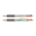 Two multicolor retractable pens with branding, featuring clips and rubberized grips.