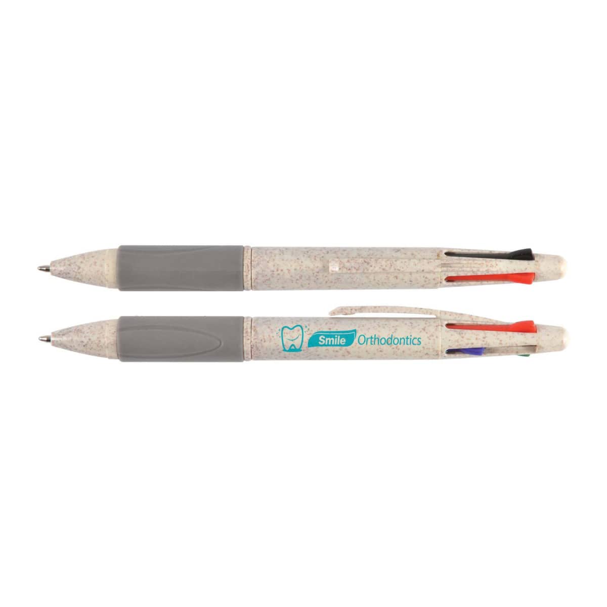 Two multicolor retractable pens with branding, featuring clips and rubberized grips.