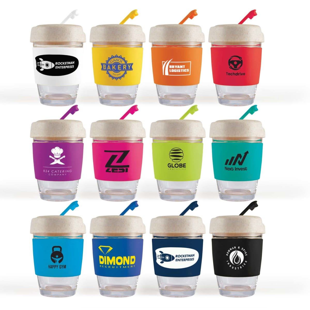 12 reusable cups with colorful logos and lids, each featuring a brand or companys name.