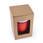 Red mug in a brown cardboard box with a window.