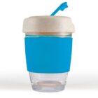 Clear cup with a blue sleeve, beige lid, and a blue straw.