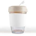 Reusable cup with white sleeve and lid, clear bottom, and straw.