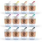 Twelve glass mugs with brown sleeves and colorful straws are arranged in rows.