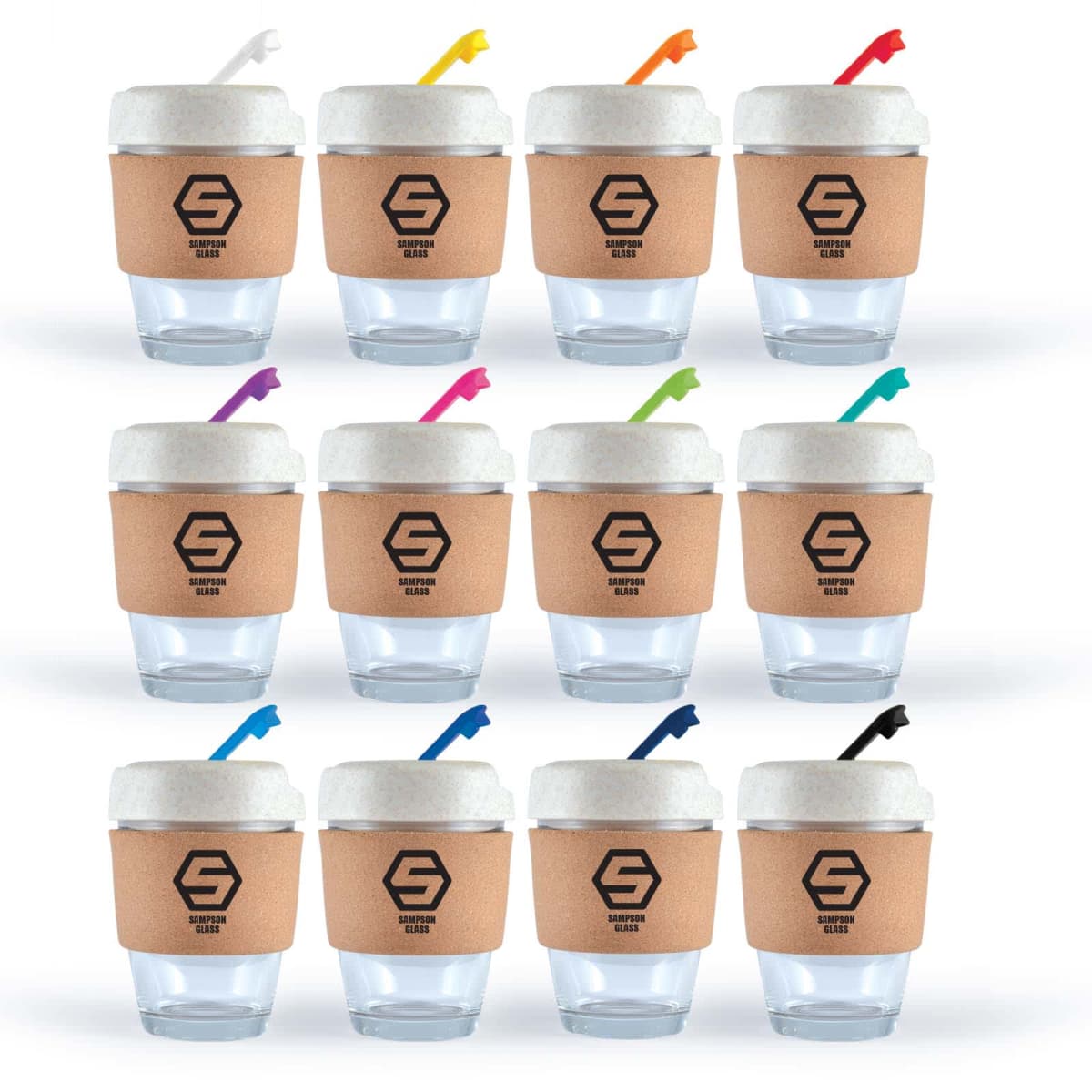 Twelve glass mugs with brown sleeves and colorful straws are arranged in rows.