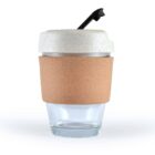 Reusable glass cup with cork sleeve and white lid, featuring a black sipping spout.